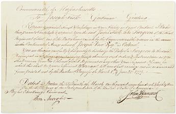 (AMERICAN REVOLUTION.) HANCOCK, JOHN. Document Signed, as Governor, appointing Joseph Fisk Surgeon of the First Regiment of Foot